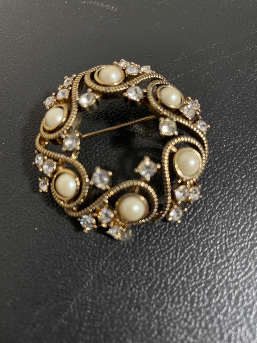 Vintage Monet Gold-Tone Pearl and Crystal Wreath Brooch